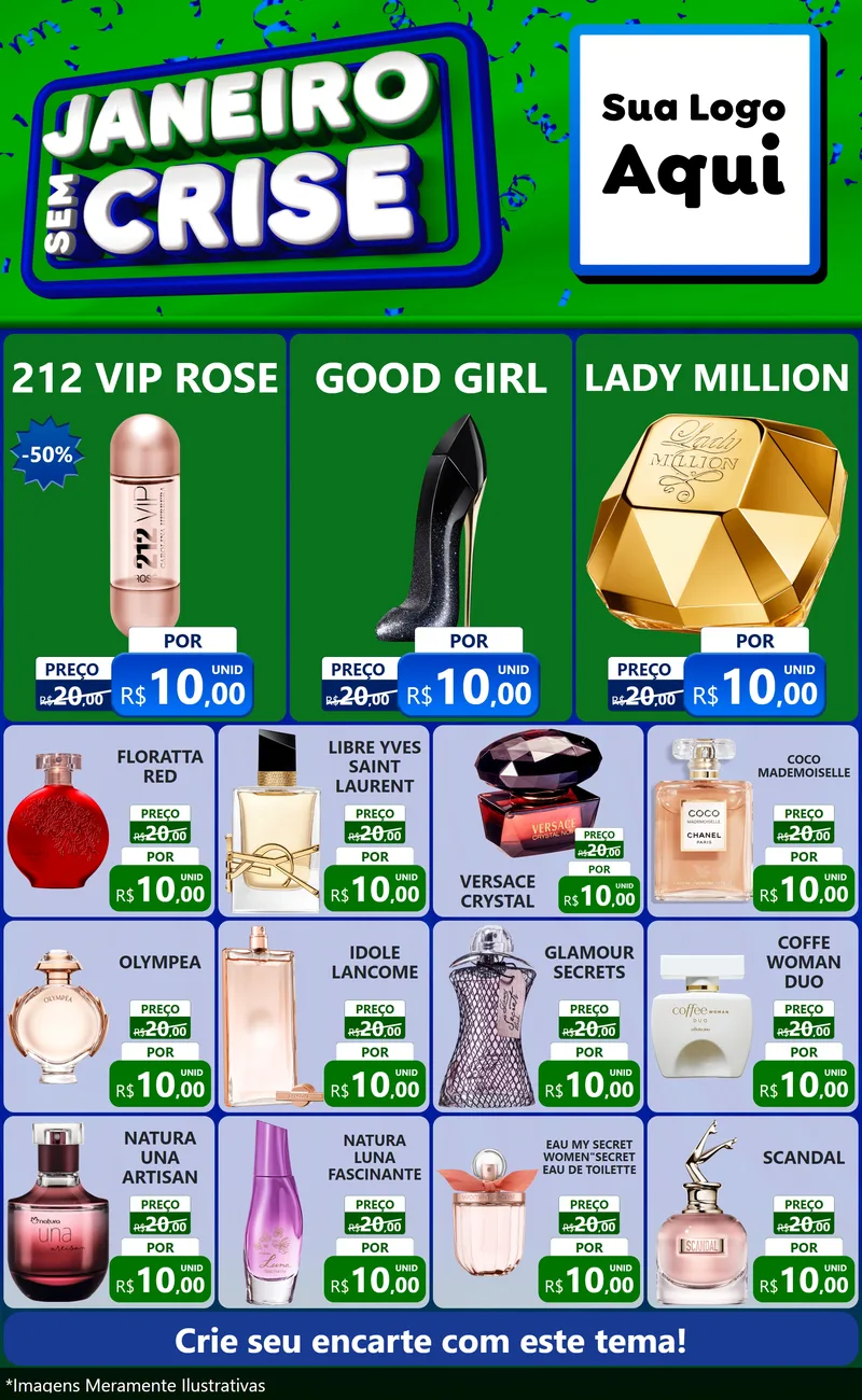 Modelo de Encarte para Encarte Grande com o tema Janeiro Sem Crise para Perfumes