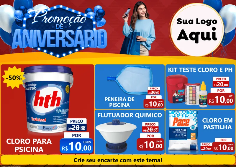 Modelo de Encarte para Encarte A4 Horizontal com o tema Promoção de Aniversário para Produtos para Piscina