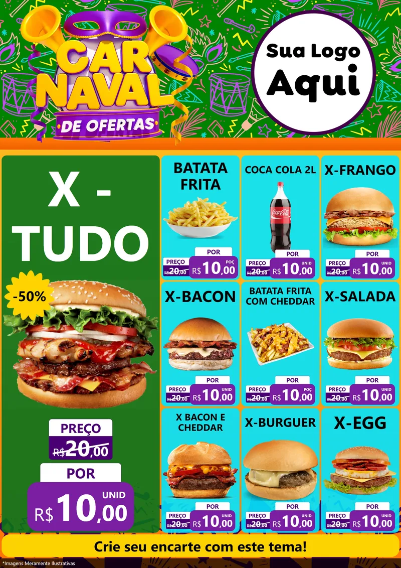 Modelo de Encarte para Encarte A4 Vertical com o tema Carnaval de Ofertas para Hamburgueria