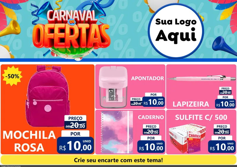 Modelo de Encarte para Encarte A4 Horizontal com o tema Carnaval de Ofertas para Papelaria