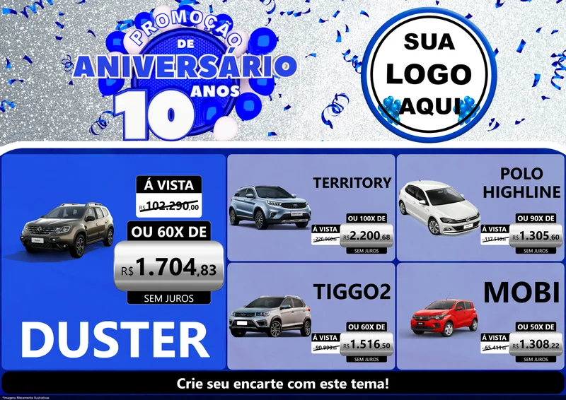 Modelo de Encarte para Encarte A4 Horizontal com o tema Promoção de Aniversário - 10 Anos para Concessionaria de Carros