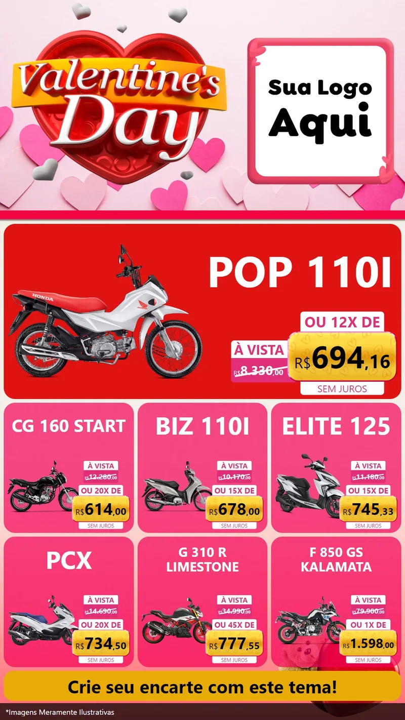 Modelo de Rede Social para Stories com o tema Valentine's Day para Concessionaria de Motos