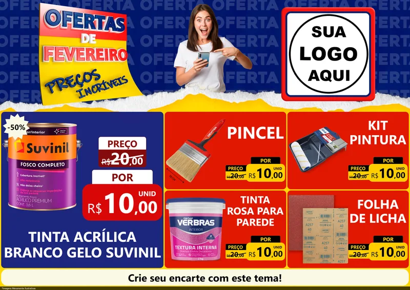 Modelo de Encarte para Encarte A4 Horizontal com o tema Ofertas de Fevereiro - Preços Incríveis para Tintas e Ferramentas