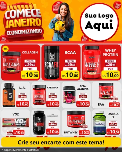 Modelo de Rede Social para Feed Instagram com o tema Comece Janeiro Economizando para Suplementos alimentares