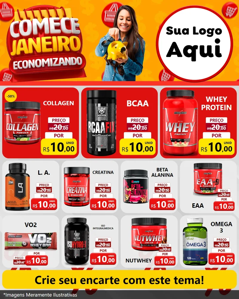 Modelo de Rede Social para Feed Instagram com o tema Comece Janeiro Economizando para Suplementos alimentares