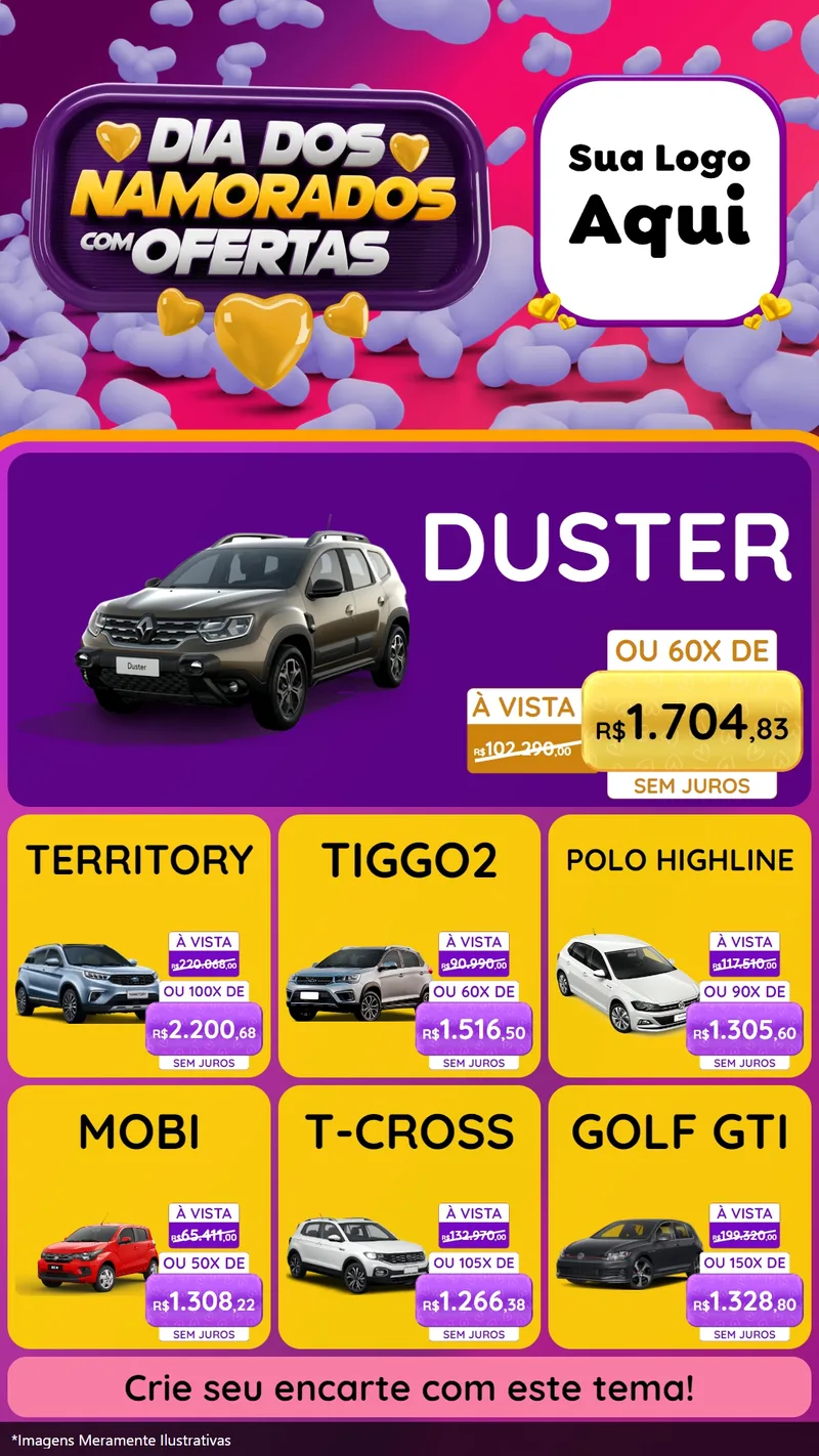 Modelo de Rede Social para Stories com o tema Dia Dos Namorados Com Ofertas para Concessionaria de Carros