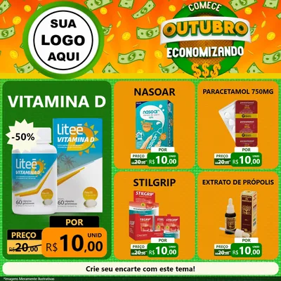 Modelo de Rede Social para Feed Facebook com o tema Comece Outubro Economizando para Farmácia
