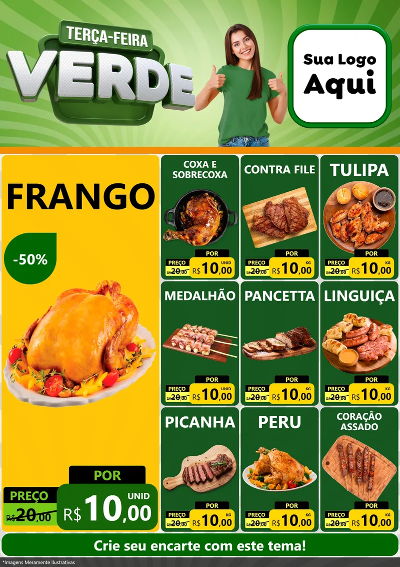 Modelo de Encarte para Encarte A4 Vertical com o tema Terça - Feira Verde para Assados