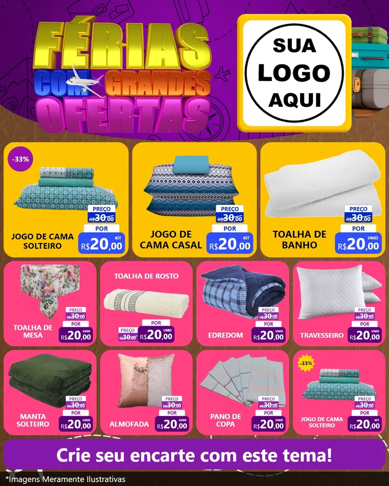 Modelo de Rede Social para Feed Instagram com o tema Férias com Grandes Ofertas para Cama, Mesa e Banho