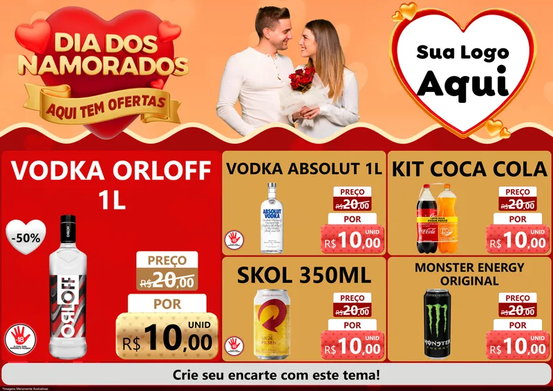 Modelo de Encarte para Encarte A4 Horizontal com o tema Dia dos Namorados - Aqui Tem Ofertas para Distribuidora de bebidas