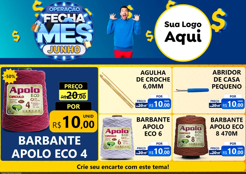 Modelo de Encarte para Encarte A4 Horizontal com o tema Operação Fecha Mês, Junho para Armarinho e Aviamentos