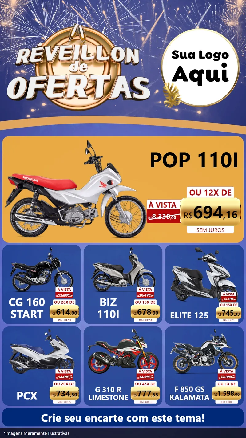Modelo de Rede Social para Stories com o tema Réveillon de Ofertas para Concessionaria de Motos