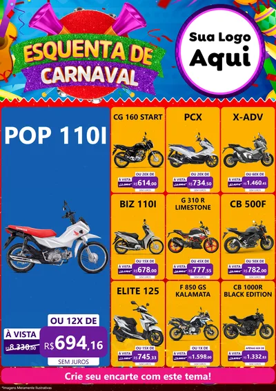 Modelo de Encarte para Encarte A4 Vertical com o tema Esquenta de Carnaval para Concessionaria de Motos