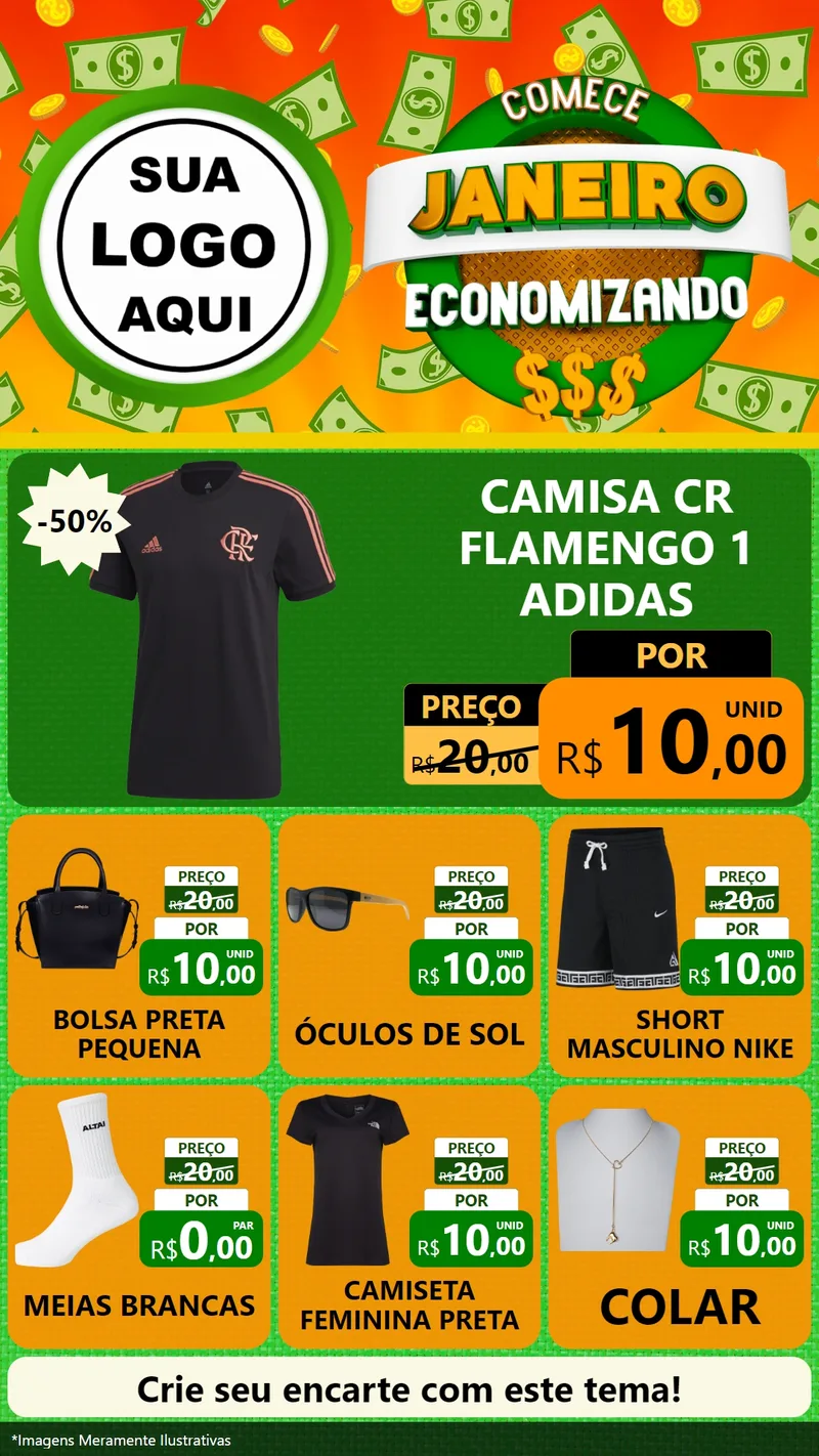 Modelo de Rede Social para Stories com o tema Comece Janeiro Economizando para Roupas e acessórios