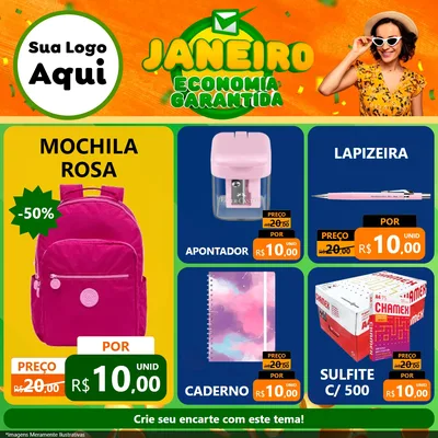 Modelo de Rede Social para Feed Facebook com o tema Janeiro - Economia Garantida para Papelaria