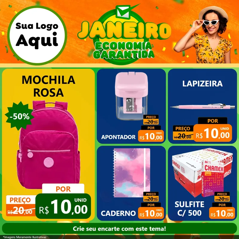 Modelo de Rede Social para Feed Facebook com o tema Janeiro - Economia Garantida para Papelaria