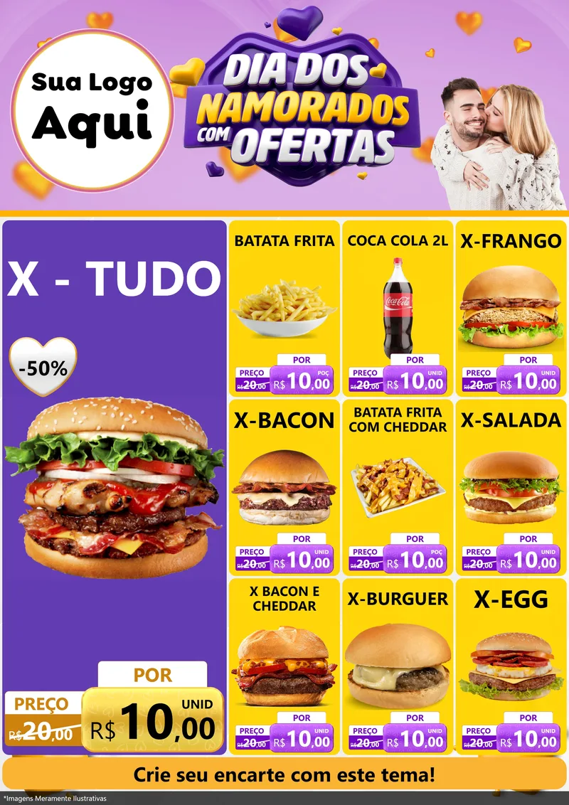 Modelo de Encarte para Encarte A4 Vertical com o tema Dia Dos Namorados Com Ofertas para Hamburgueria