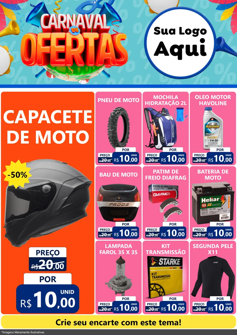 Modelo de Encarte para Encarte A4 Vertical com o tema Carnaval de Ofertas para Moto peças