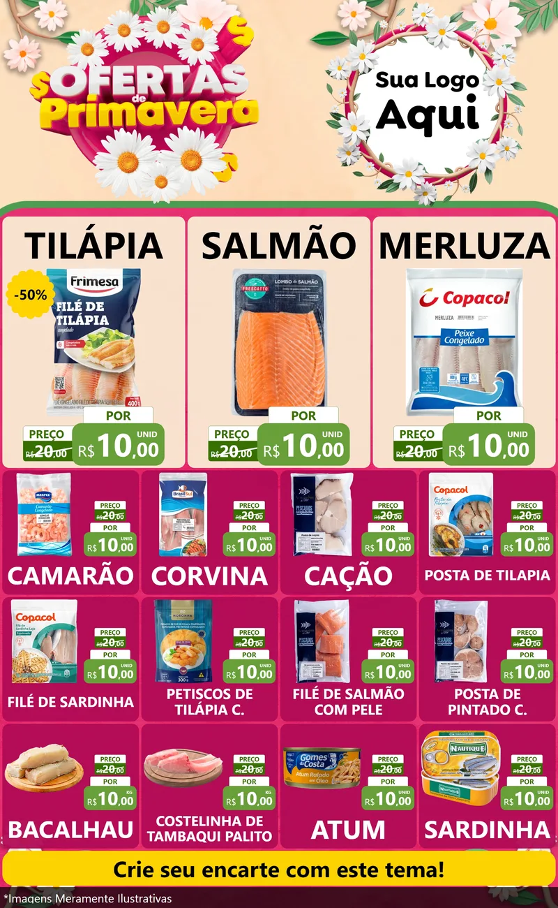 Modelo de Encarte para Encarte Grande com o tema Ofertas de Primavera para Peixaria