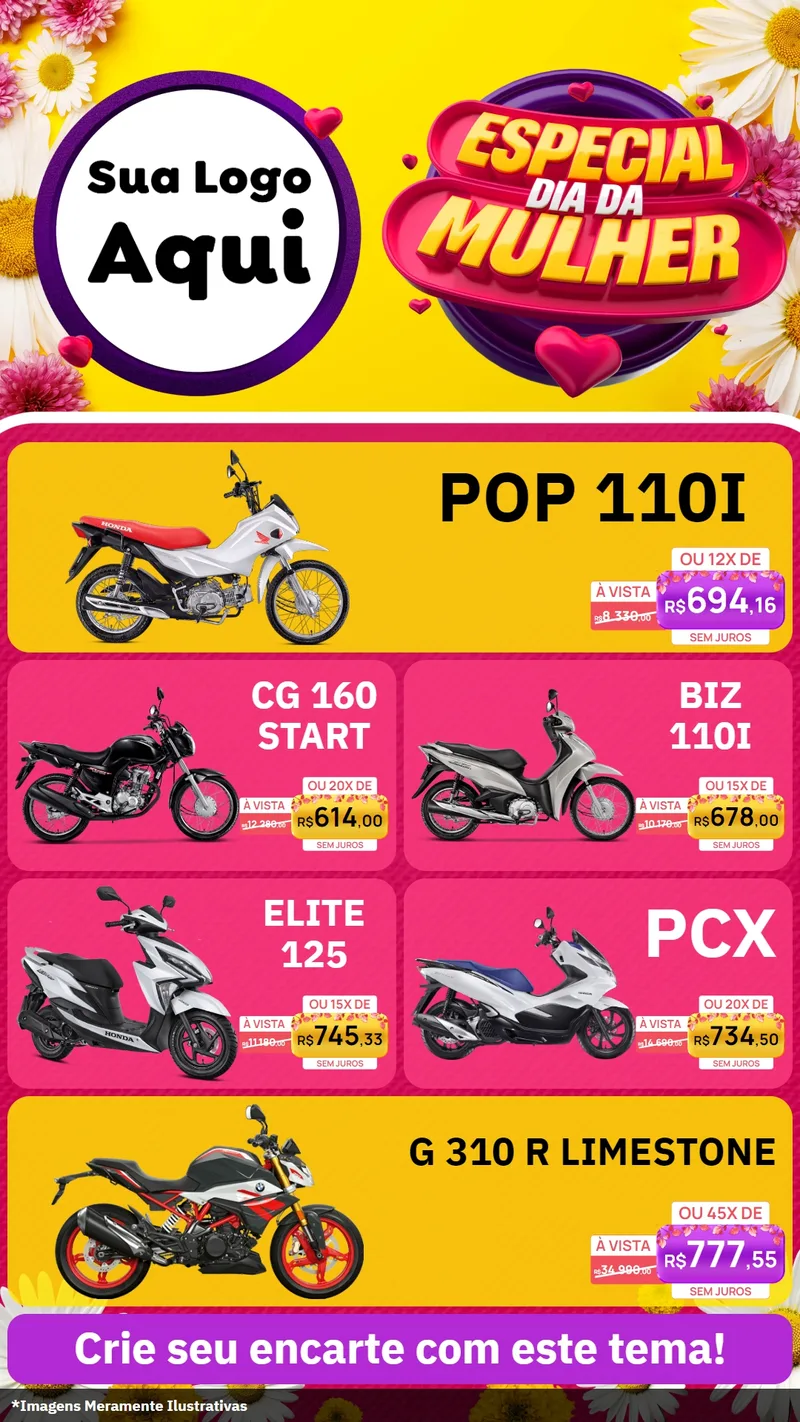 Modelo de TV para TV Vertical com o tema Especial Dia da Mulher para Concessionaria de Motos