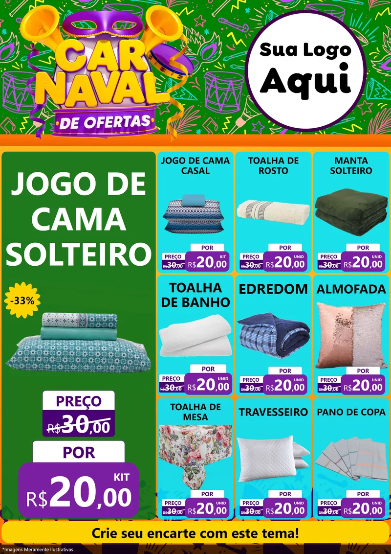 Modelo de Encarte para Encarte A4 Vertical com o tema Carnaval de Ofertas para Cama, Mesa e Banho