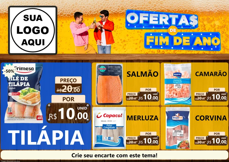 Modelo de Encarte para Encarte A4 Horizontal com o tema Ofertas de Fim de Ano para Peixaria