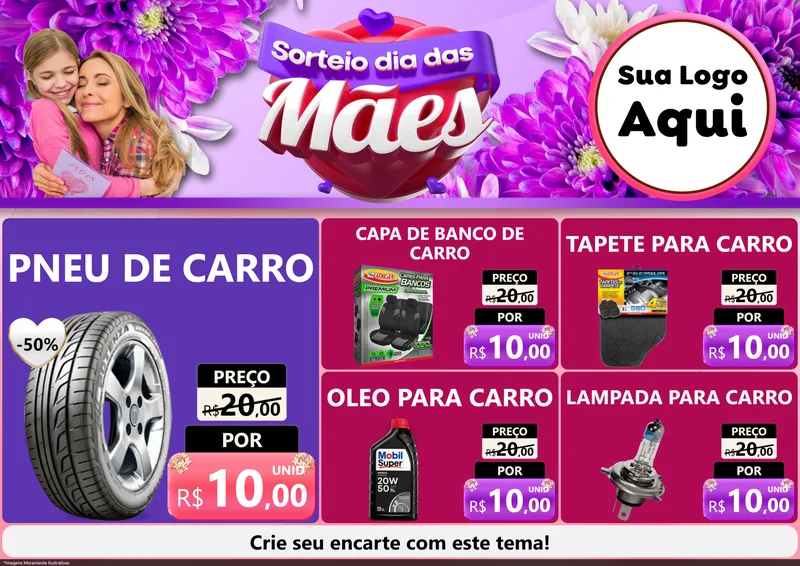 Modelo de Encarte para Encarte A4 Horizontal com o tema Sorteio Dia das Mães para Auto peças