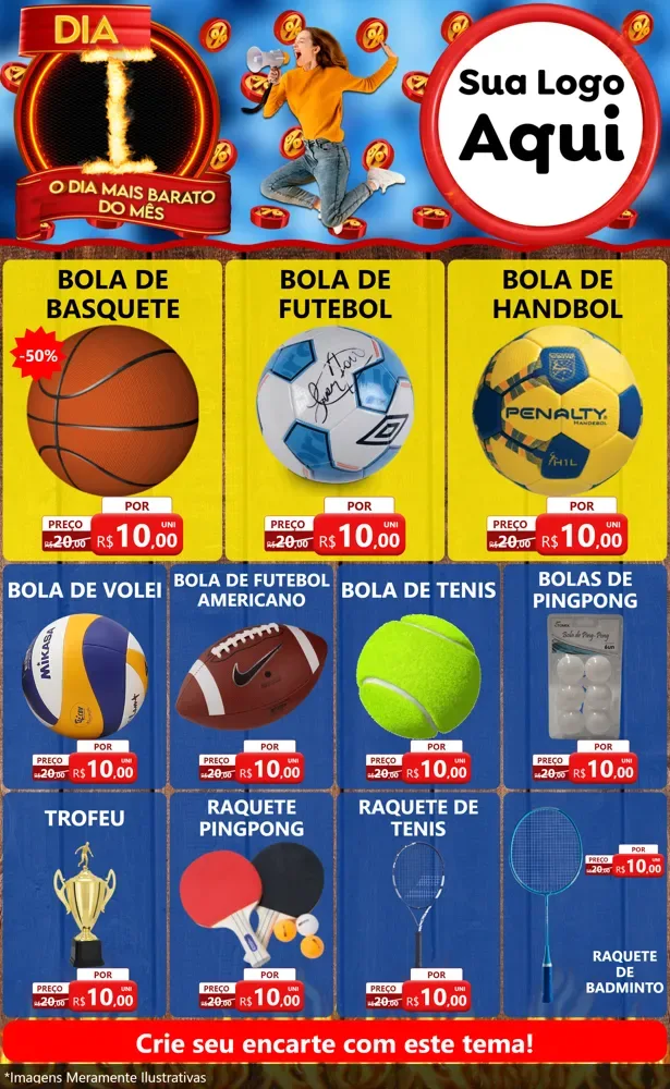 Modelo de Encarte para Encarte Grande com o tema Dia I - O Dia Mais Barato Do Mês para Artigos Esportivos
