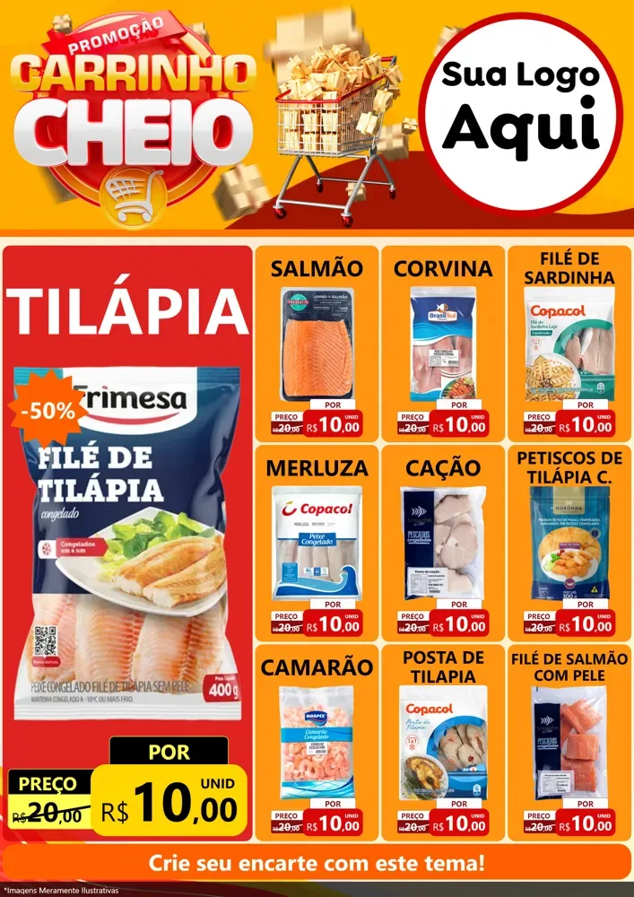 Modelo de Encarte para Encarte A4 Vertical com o tema Promoção carrinho cheio para Peixaria