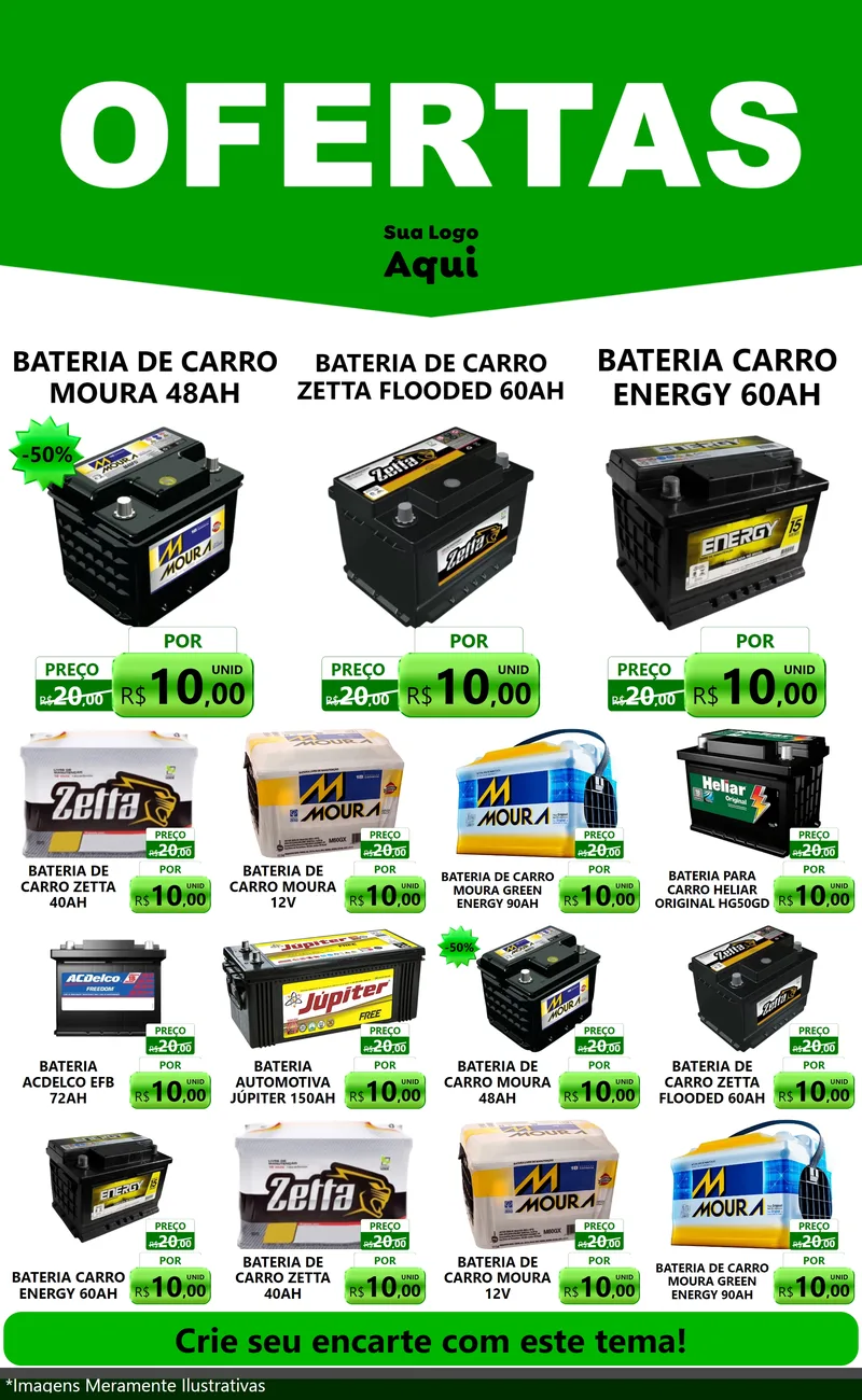 Modelo de Encarte para Encarte Grande com o tema Ofertas Verde Cartaz para Baterias Elétricas