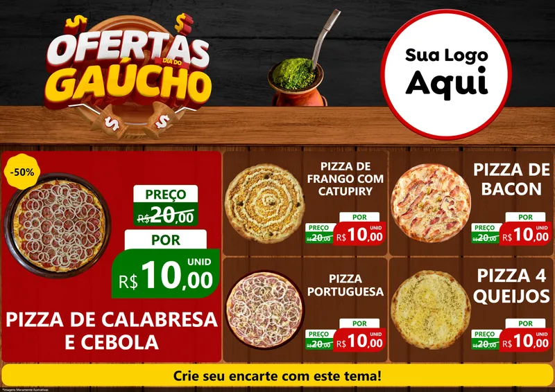 Modelo de Encarte para Encarte A4 Horizontal com o tema Ofertas Dia do Gaúcho para Pizzaria