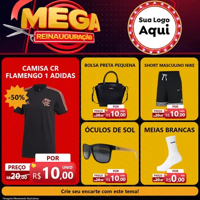 Modelo de Rede Social para Feed Facebook com o tema Mega Reinauguração para Roupas e acessórios