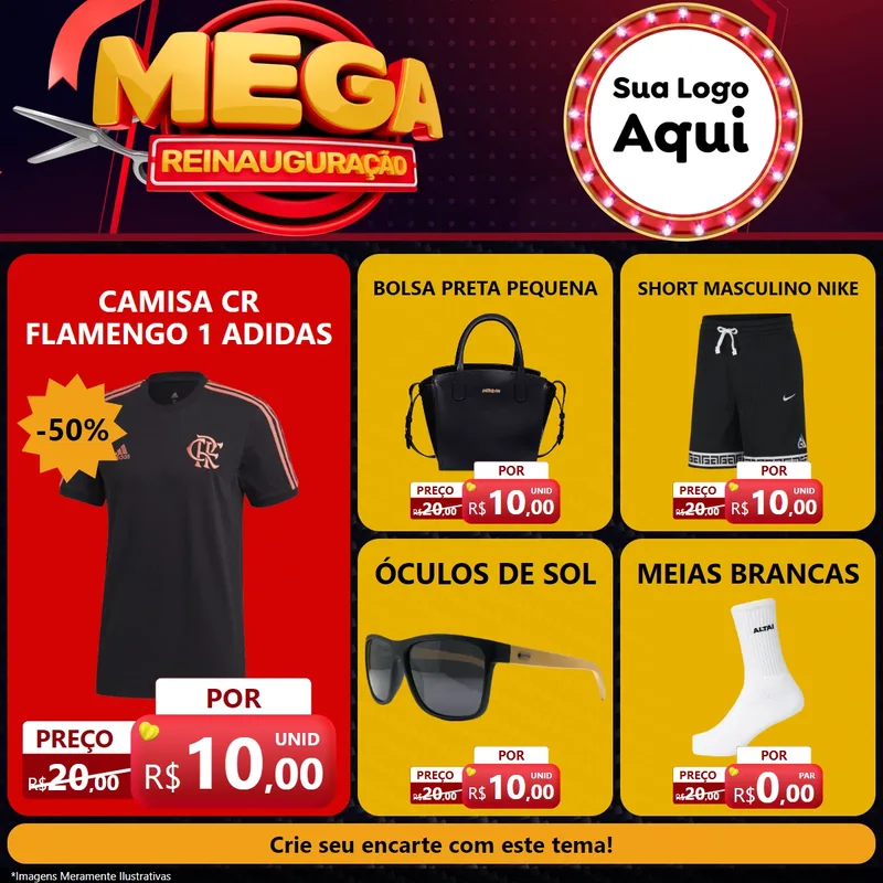 Modelo de Rede Social para Feed Facebook com o tema Mega Reinauguração para Roupas e acessórios