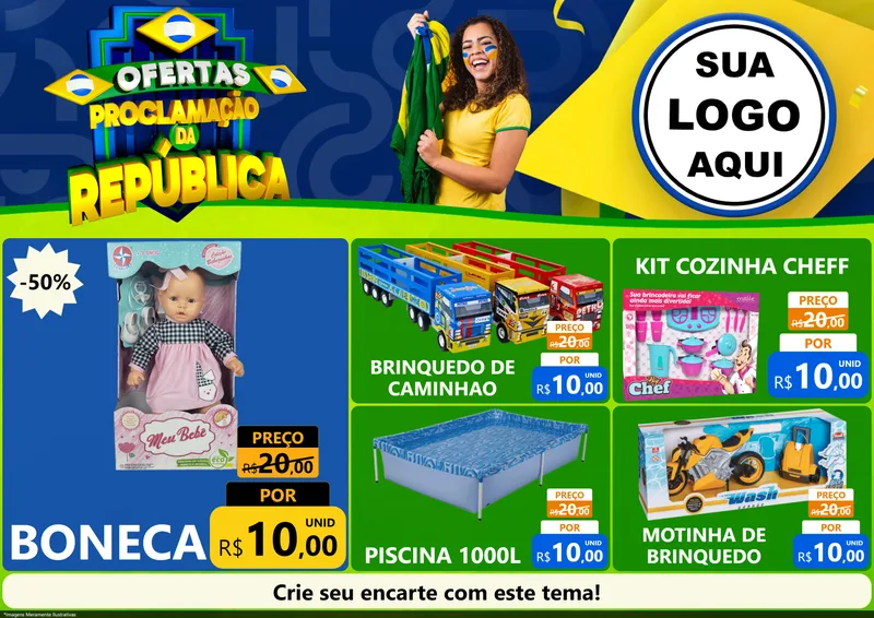 Modelo de Encarte para Encarte A4 Horizontal com o tema Ofertas Proclamação da República para Brinquedos