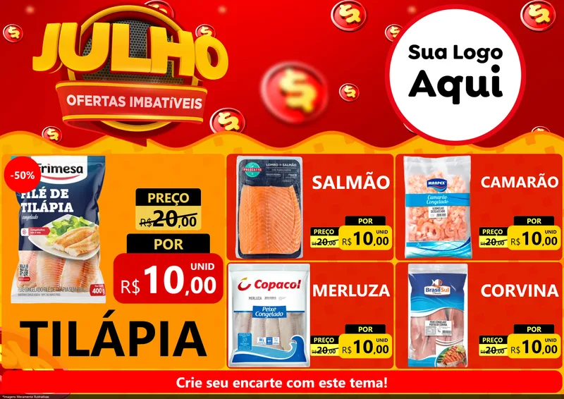 Modelo de Encarte para Encarte A4 Horizontal com o tema Julho Ofertas Imbatíveis para Peixaria