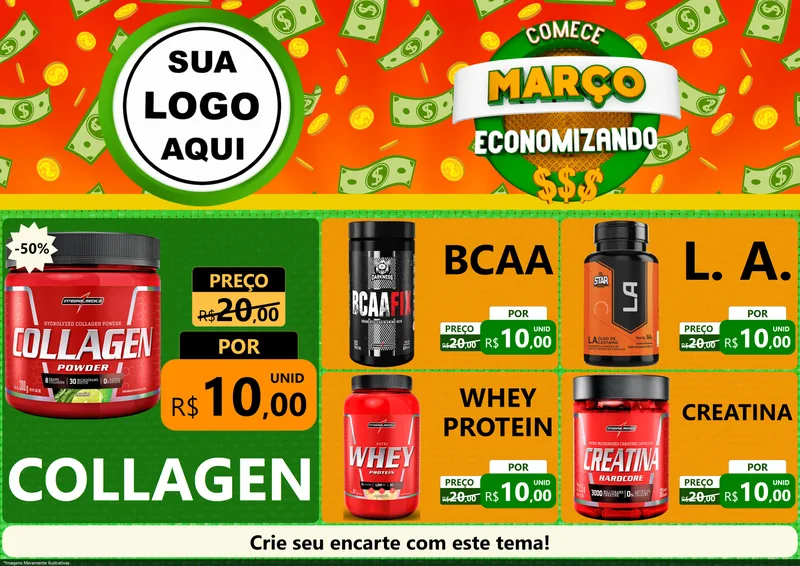 Modelo de Encarte para Encarte A4 Horizontal com o tema Comece Março Economizando para Suplementos alimentares