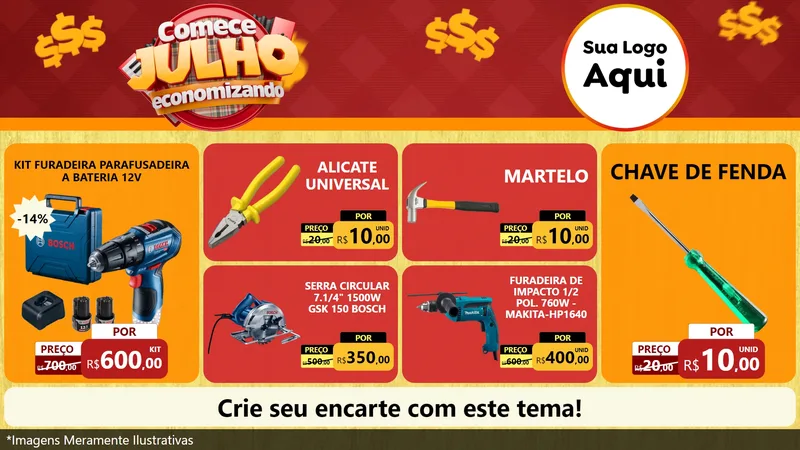 Modelo de TV para TV Horizontal com o tema Comece Julho Economizando para Maquinas e Ferramentas