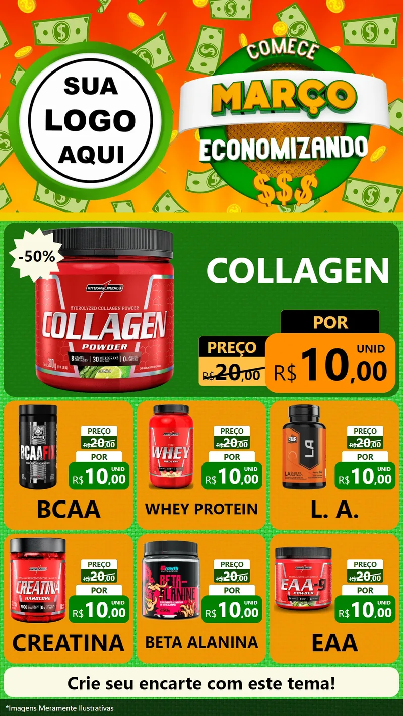 Modelo de Rede Social para Stories com o tema Comece Março Economizando para Suplementos alimentares