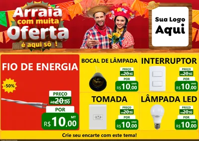Modelo de Encarte para Encarte A4 Horizontal com o tema Arraiá Com Muita Oferta - É Aqui Sô! para Materiais Elétricos