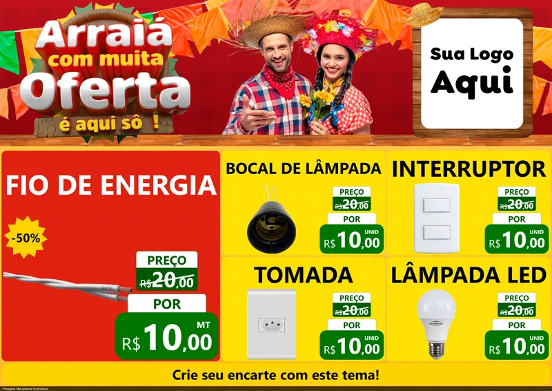 Modelo de Encarte para Encarte A4 Horizontal com o tema Arraiá Com Muita Oferta - É Aqui Sô! para Materiais Elétricos