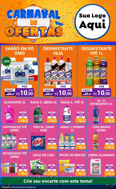 Modelo de Encarte para Encarte Grande com o tema Carnaval de Ofertas para Produtos de Limpeza
