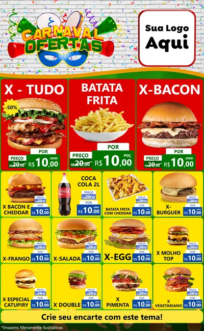 Modelo de Encarte para Encarte Grande com o tema Carnaval de Ofertas para Hamburgueria