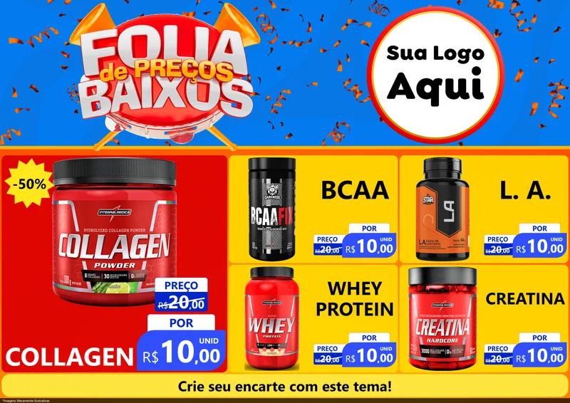 Modelo de Encarte para Encarte A4 Horizontal com o tema Folia de Preços Baixos para Suplementos alimentares