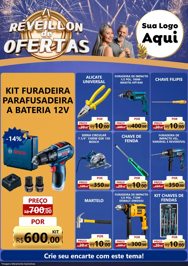 Modelo de Encarte para Encarte A4 Vertical com o tema Réveillon de Ofertas para Maquinas e Ferramentas