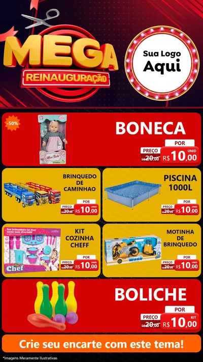 Modelo de TV para TV Vertical com o tema Mega Reinauguração para Brinquedos