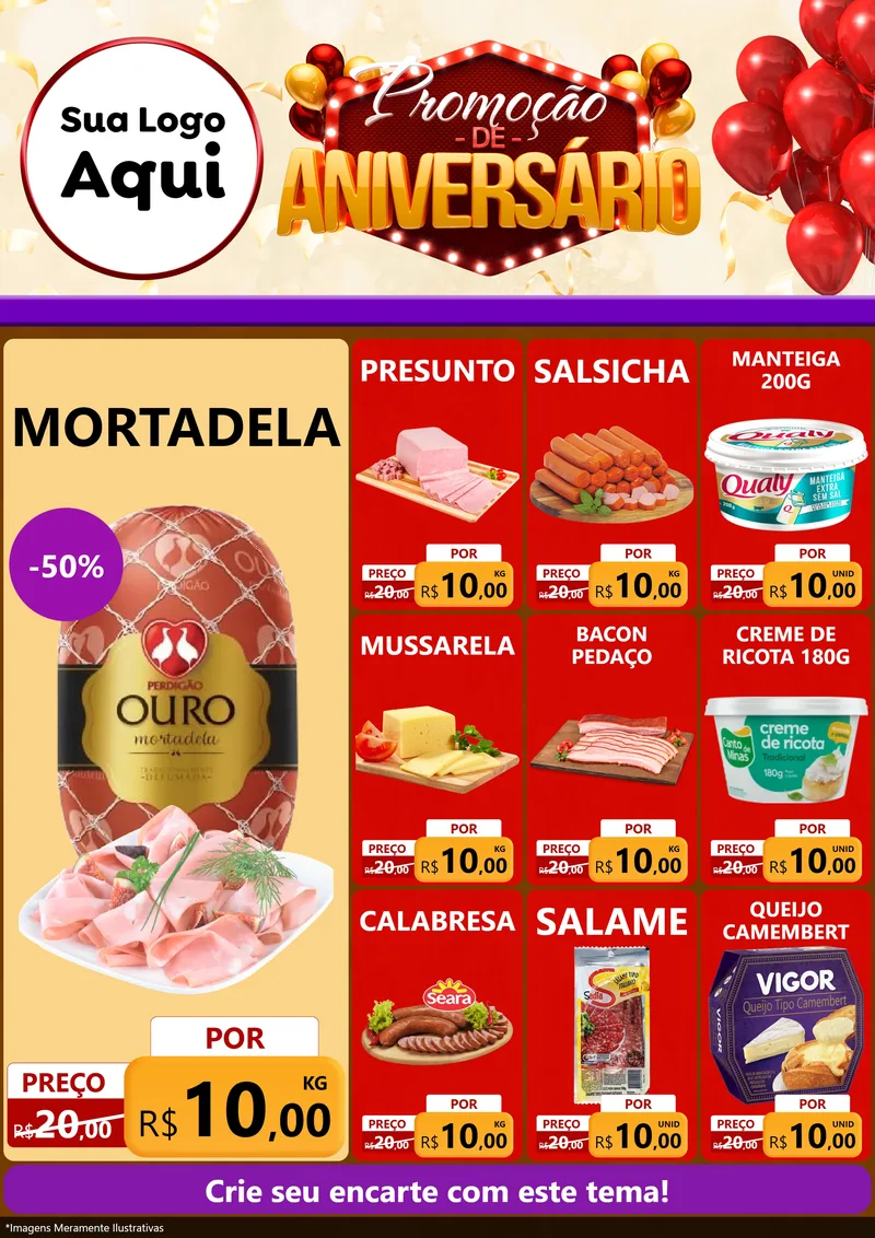 Modelo de Encarte para Encarte A4 Vertical com o tema Promoção de Aniversário para Frios e Laticínios