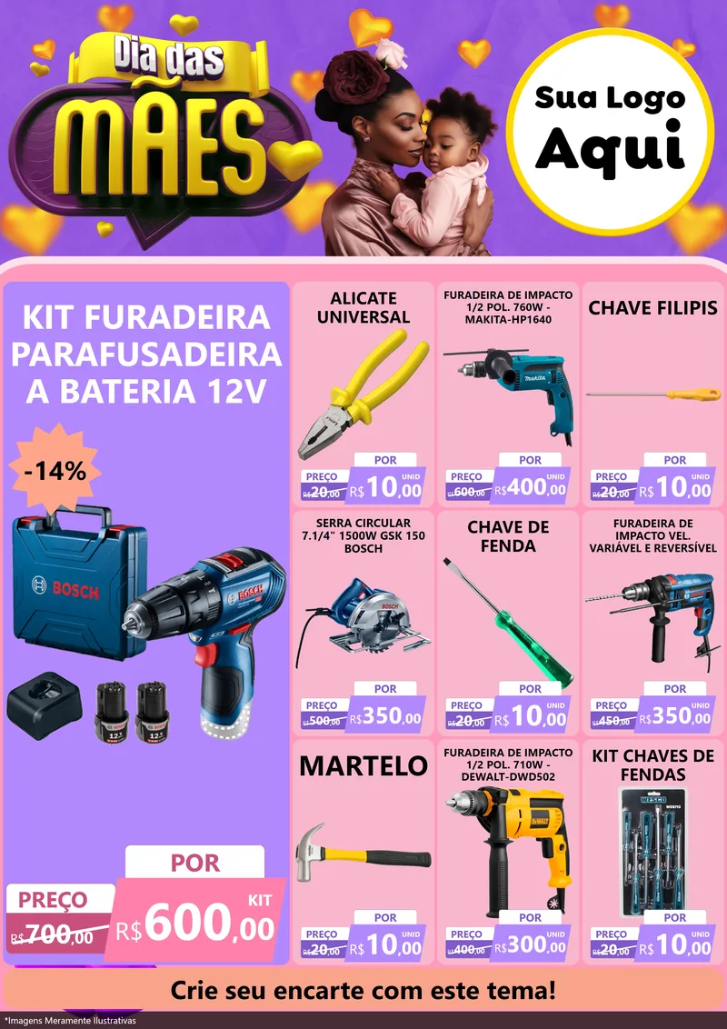 Modelo de Encarte para Encarte A4 Vertical com o tema Dia das Mães para Maquinas e Ferramentas