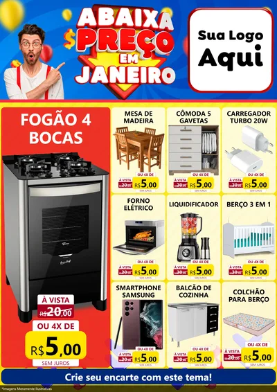 Modelo de Encarte para Encarte A4 Vertical com o tema Abaixa Preço em Janeiro para Móveis e Eletro
