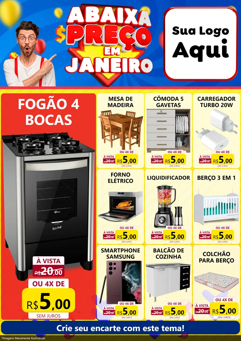Modelo de Encarte para Encarte A4 Vertical com o tema Abaixa Preço em Janeiro para Móveis e Eletro