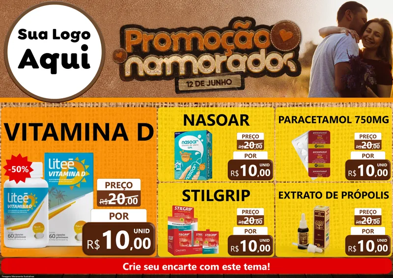 Modelo de Encarte para Encarte A4 Horizontal com o tema Promoção Namorados para Farmácia
